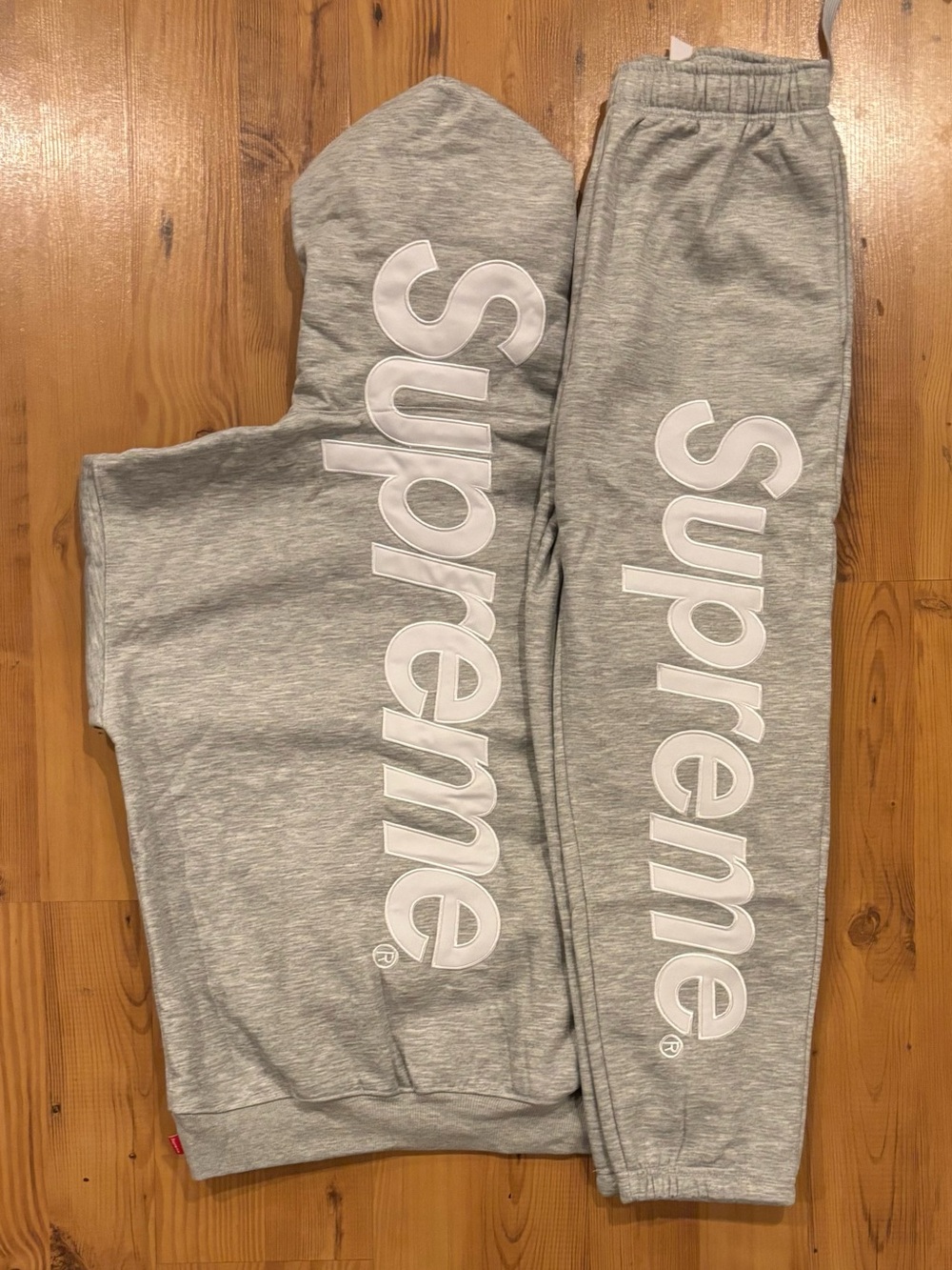 Supreme Gray Hoodie & Sweatpants Set with White Vertical Logo